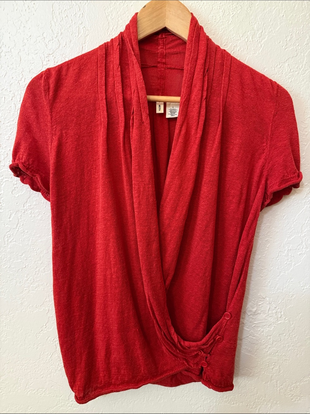 MOTH Cardigan Top Surplice Draped Button Short Sleeve Linen Blend Red Orange S